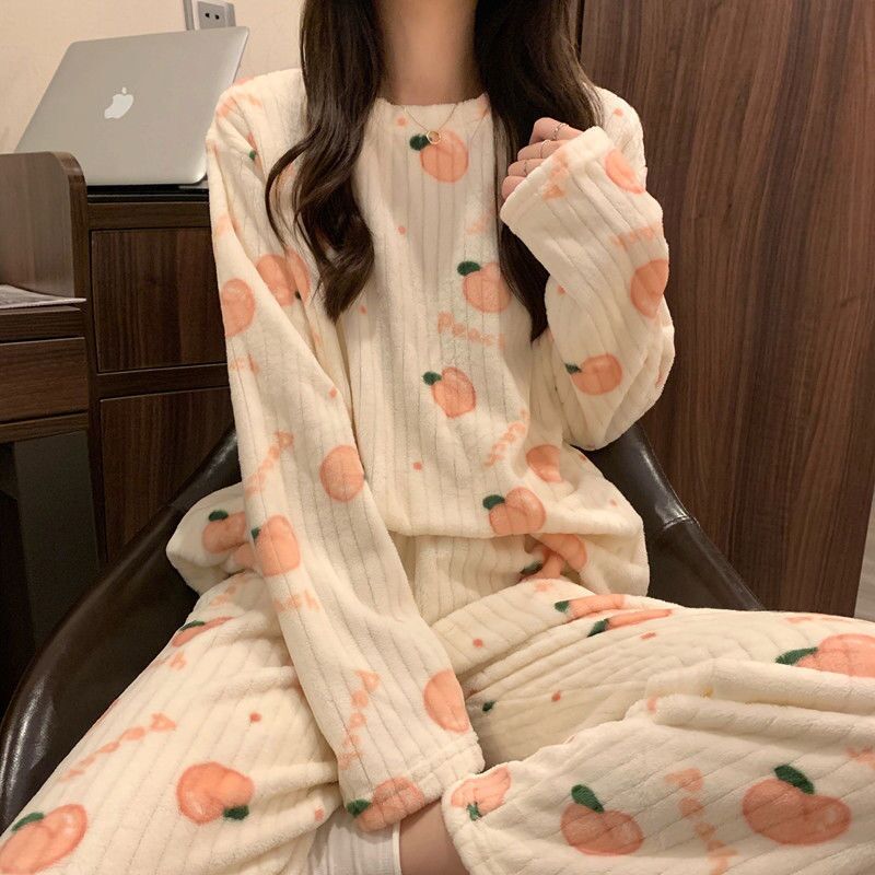 2023 Winter Home Wear Women Can Wear Coral Velvet Warm Printed Thickened Long Sleeve Home Casual Warm Suit