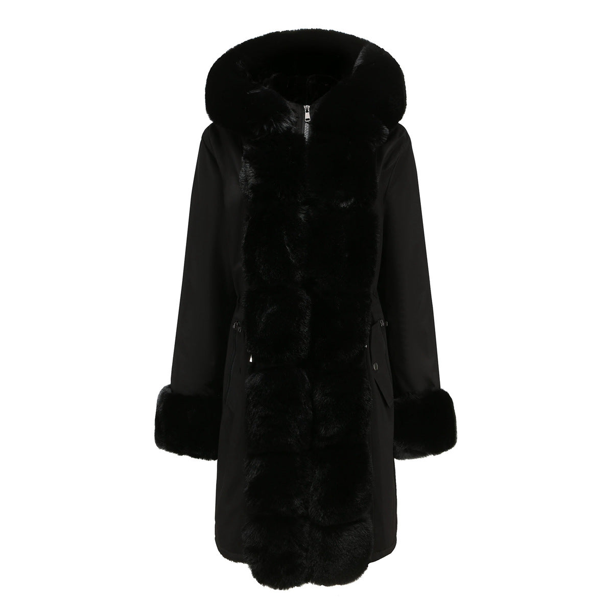 Winter New Cotton Coat Women's Detachable Fur Collar Mid-length Long-sleeved Pie To Overcome Solid Color Hooded Warm Cotton Coat