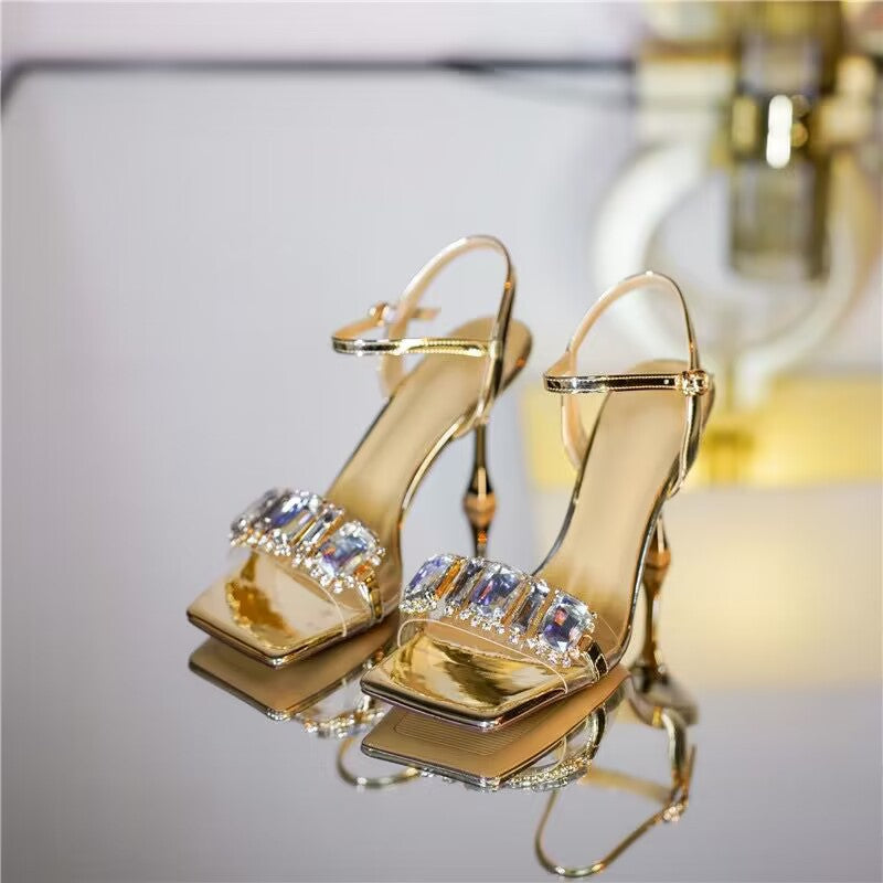 Sandals For Women Summer Open Toe Stiletto Heel Rhinestone Sexy One-word Buckle Strap Fashionable Versatile Silver High