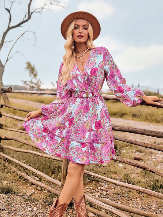 Fashionable Casual Printed Autumn And Winter Women's Clothing V-neck European And American Style Belted Long-sleeved Dress