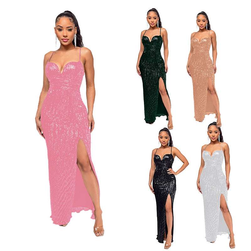 Skirt Women's Summer Deep V Open Back Slit Suspender Skirt Temperament Sequin French Dress Summer Girl