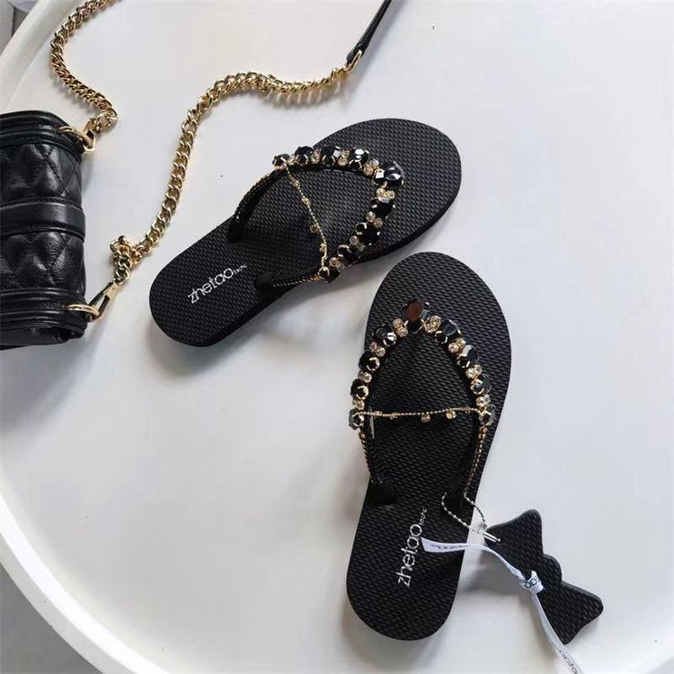 Flip-flops Women's Summer Outer Wear Korean Version Net Red Rhinestones Flat Bottom Sandals And Slippers Beach Shoes Women's
