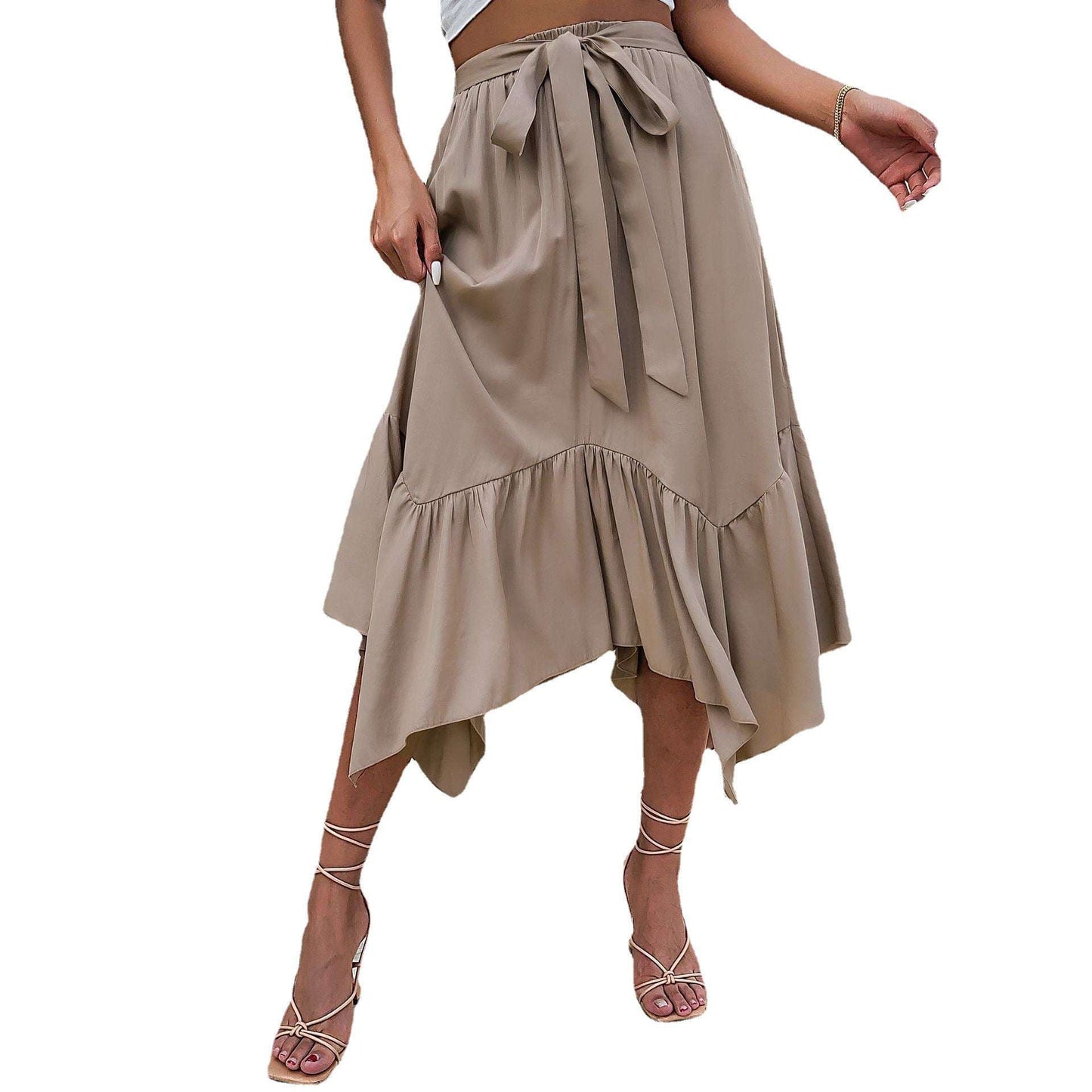 Summer European And American Women's Mid-length Lace-up Irregular Splicing Pleated Skirt