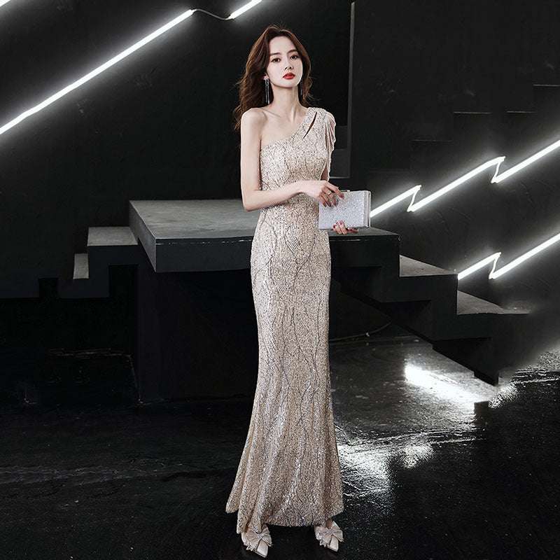 New Temperament Long Shoulder Tassel Sexy Host Banquet Dress