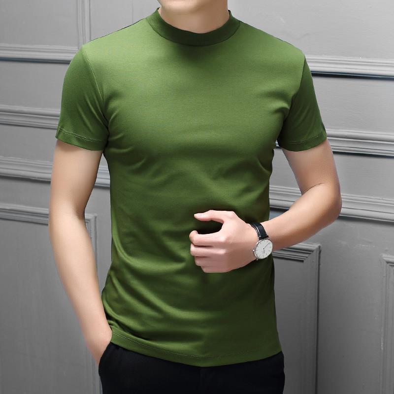 Spring And Summer Men's Double Mercerized Cotton Small Turtleneck Solid Color Slim Round Neck Short Sleeve T-shirt Half Turtleneck Bottoming Shirt