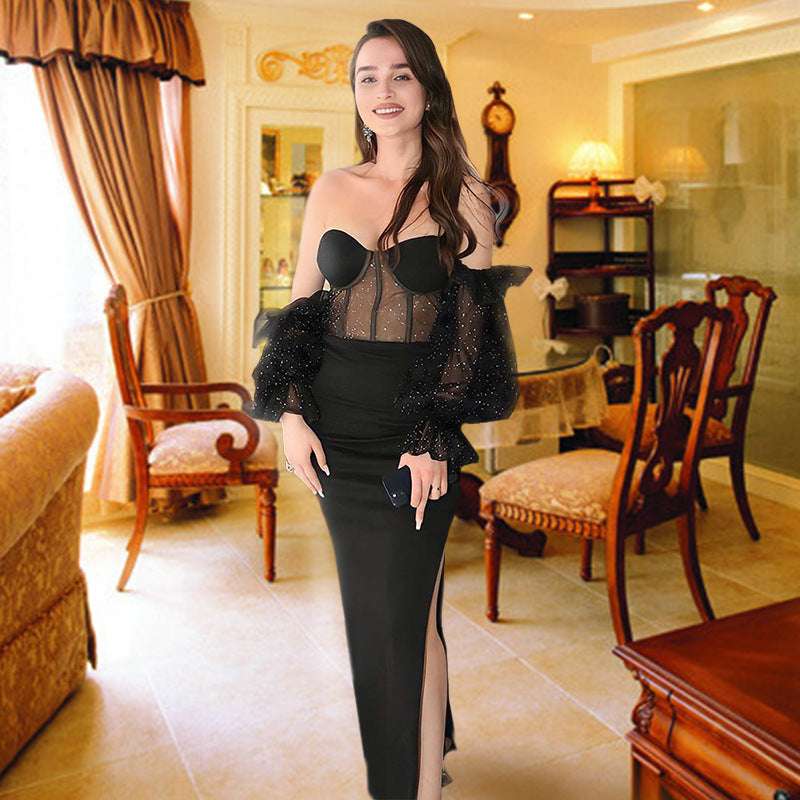 European And American New Style Puff Sleeve Mesh Gauze Strapless Sexy Dress Ladies Tube Top Slit Ladies Evening Dress - globaltradeleader