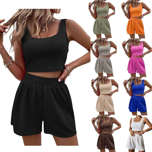 European And American Summer Girlish Style Fresh And Sweet 's Clothing Knitted Sleeveless Fashion Casual Solid Color Suit