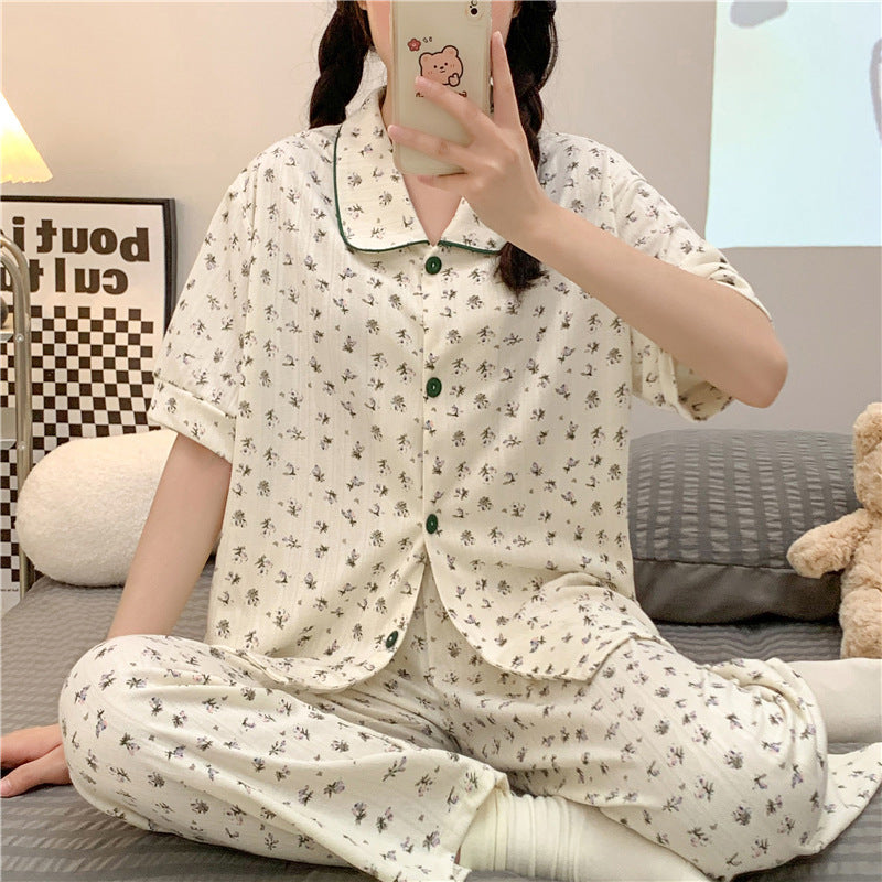 Pajamas Women&#039;s Summer Short-sleeved Trousers Two-piece Suit Jacquard Cotton