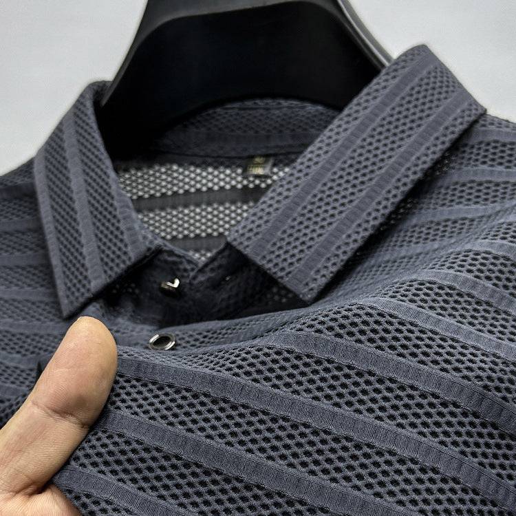 Hollow-out Ice Silk Mesh Breathable Short-sleeved Men's Lapel Polo Shirt - globaltradeleader