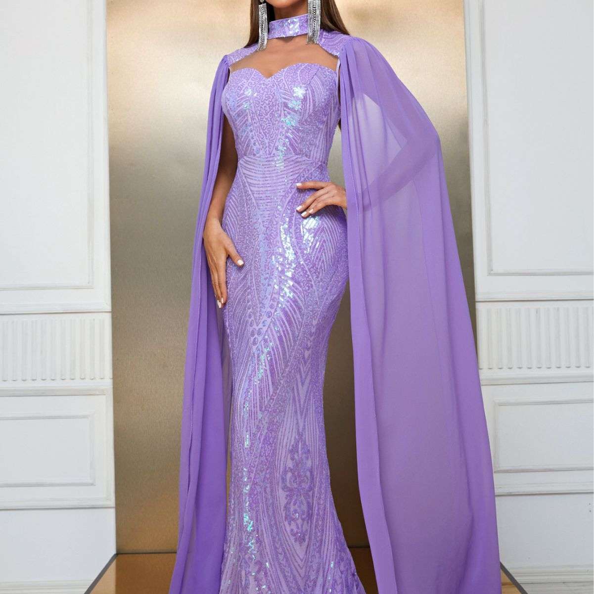 European And American Evening Dress Sequined Halterneck Raglan Sleeve Party Dress Fishtail Long Dress Elegant Dress