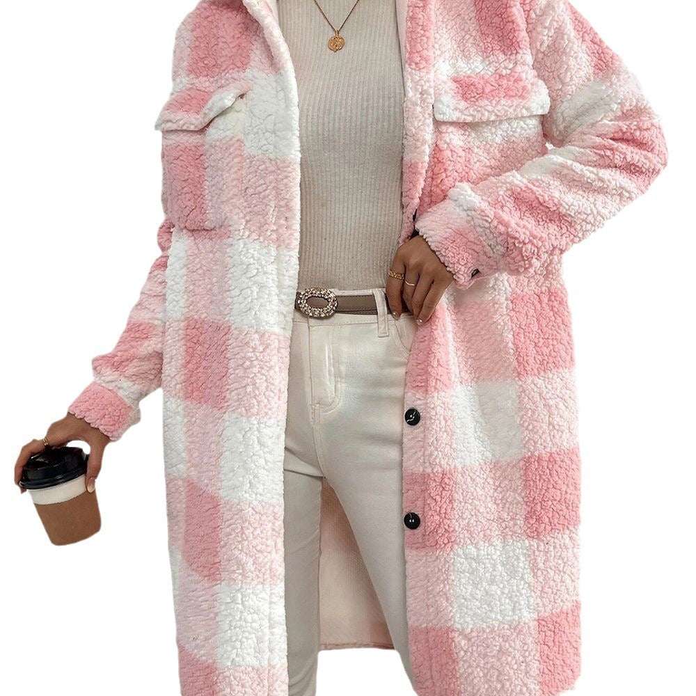 European And American Autumn And Winter Open Button Lapel Plush Plaid Coat Loose Temperament Commuter Long Coat For Women