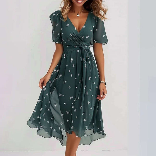 Chiffon Printed Women Sexy Elegant Light Mature V-Neck Dress