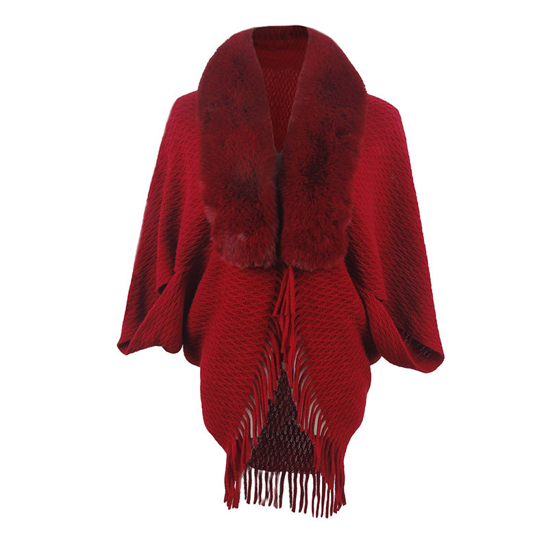 Drizzling Fur Collar Knitted Tassel Cape Coat Women