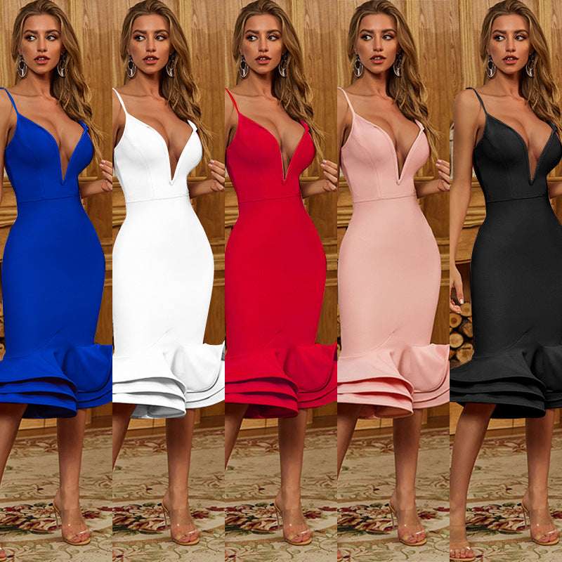 Fashion Sexy Deep V-neck Evening Dress Tight And Thin Dress - globaltradeleader