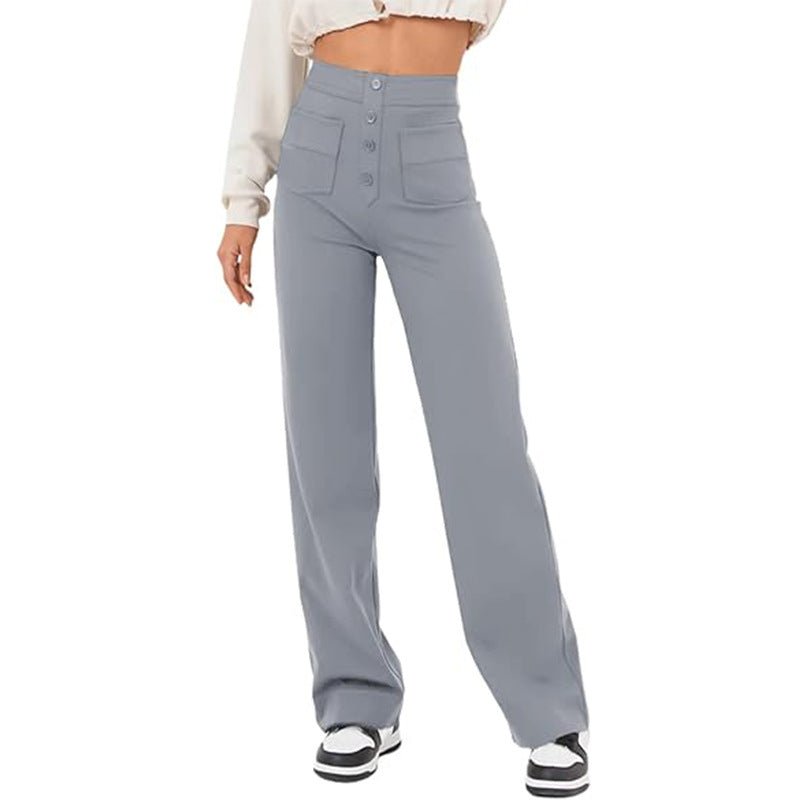 High Waist Trousers With Pockets Casual Loose Wide Leg Button Straight Pants Women's Clothing - globaltradeleader