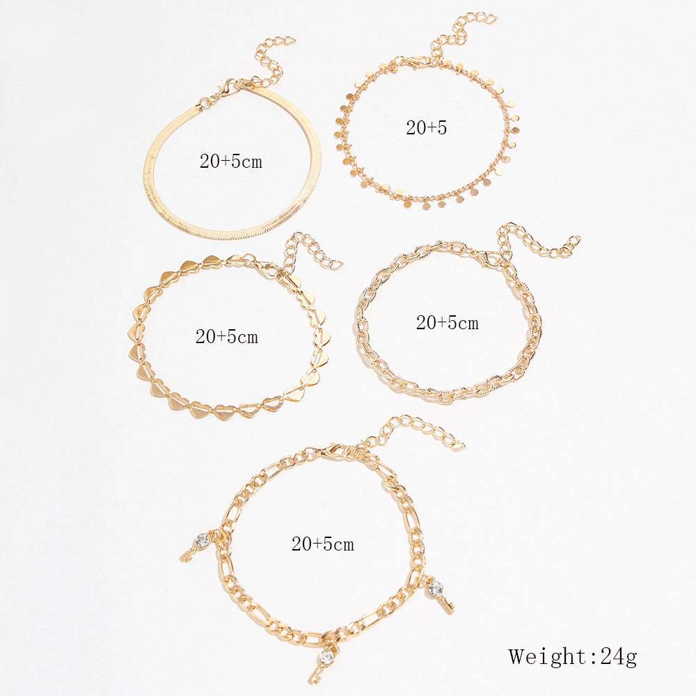 Punk European And American Style New Hollow Love Anklet Disc Snake-shaped Chain Diamond Key Tassel 5 Piece Set Foot Jewelry