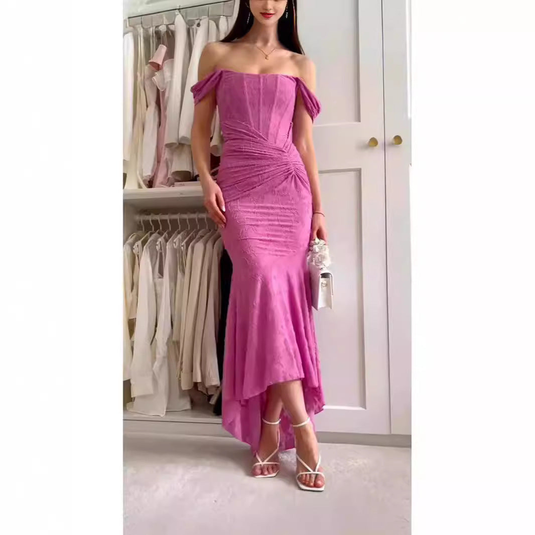 Pleated Lace Dress Socialite Niche Design Dress Sexy Strap Jacquard Dress