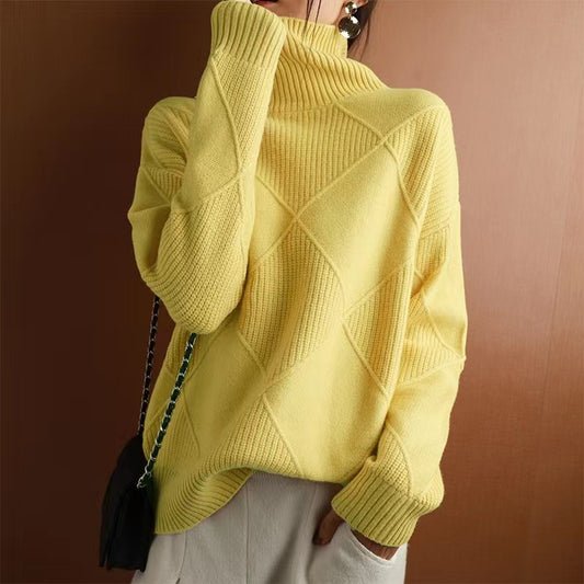 Cashmere Turtleneck Women's Autumn And Winter Thickened Loose Outer Rhombus Knitted Sweater With Inner Base Layer