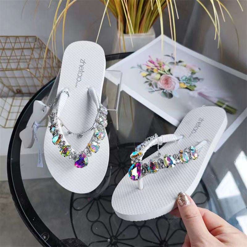 Flip-flops Women's Summer Outer Wear Korean Version Net Red Rhinestones Flat Bottom Sandals And Slippers Beach Shoes Women's