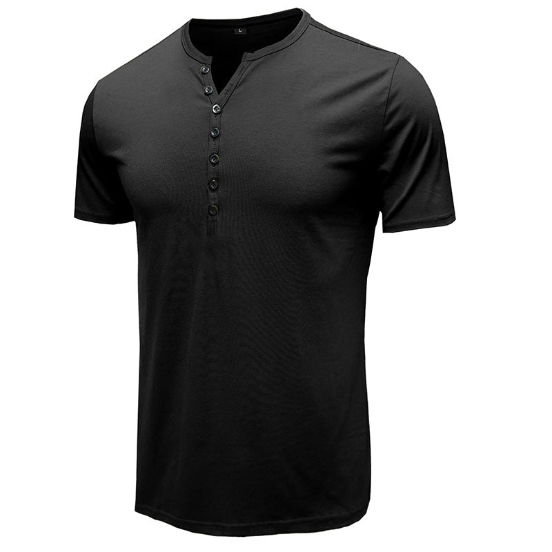 Summer Men's Clothing European And American Men's Henley Shirt Short-sleeved Me's T-shirt Solid Color Top