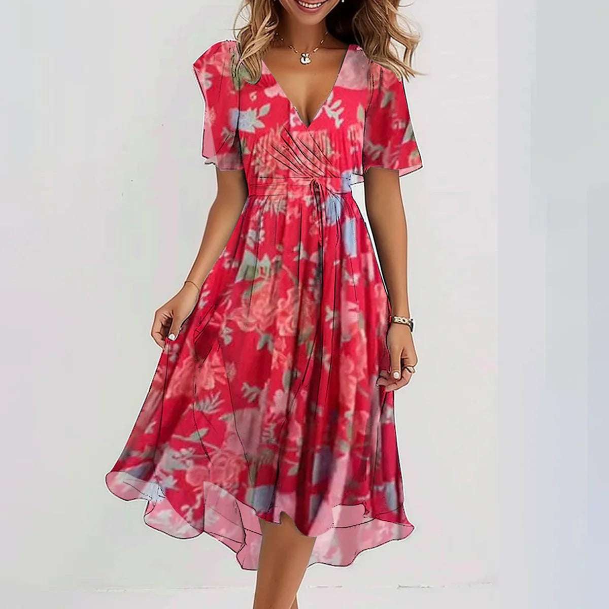 Chiffon Printed Women Sexy Elegant Light Mature V-Neck Dress