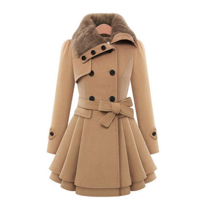 Women's Fur Collar Coat Double-breasted Trench Coat With Large Skirt - globaltradeleader
