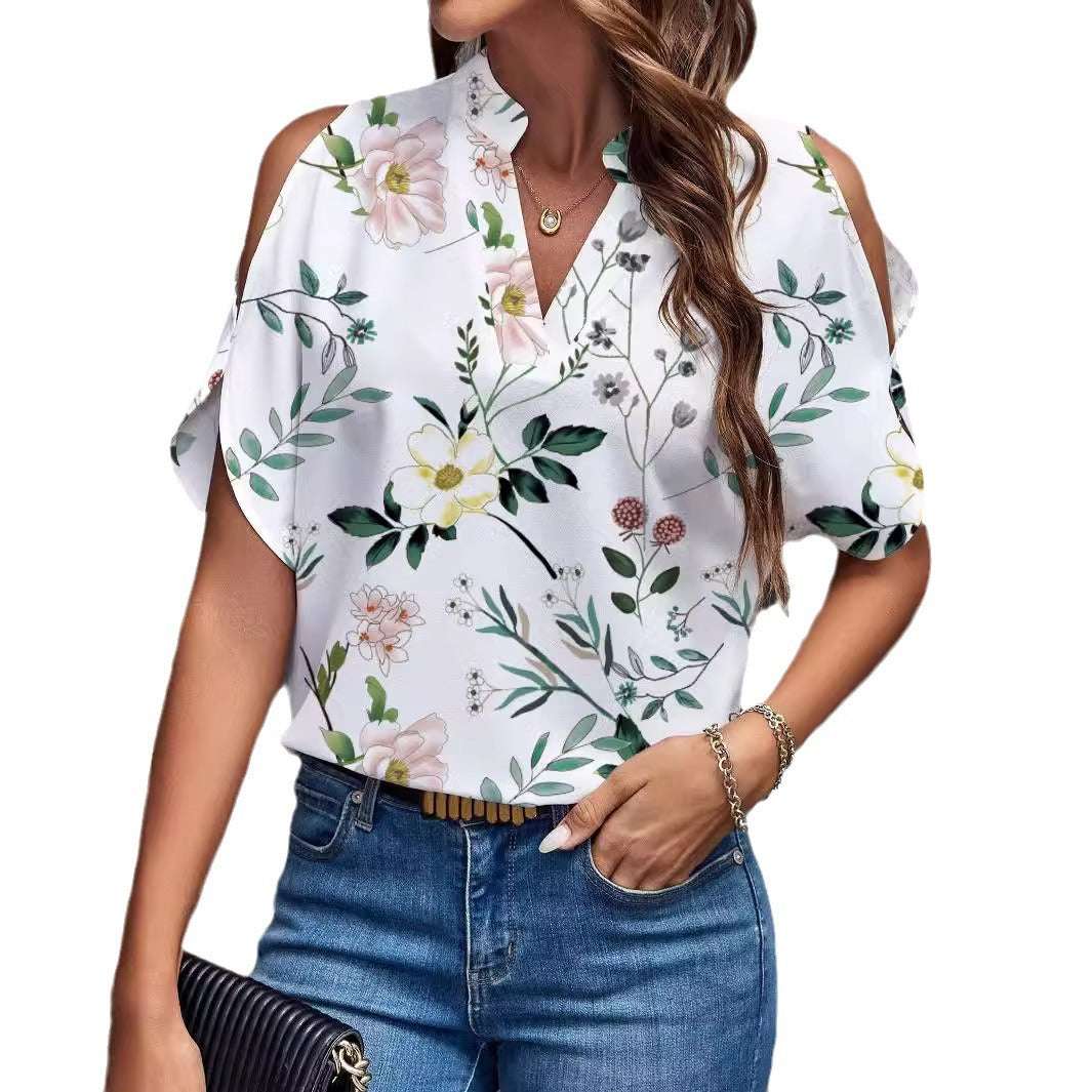 Women's Summer Printed V-neck Elegant Fashion Shoulder Sleeve Women's Top