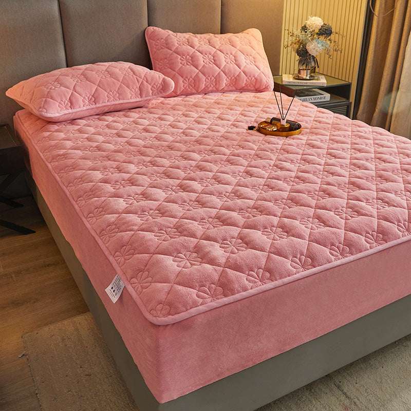 Milk Velvet Quilted Bed Sheet Single Piece Winter Thickened Coral Flannel Bed Cover Three-piece Set Mattress Protector Sheet - globaltradeleader