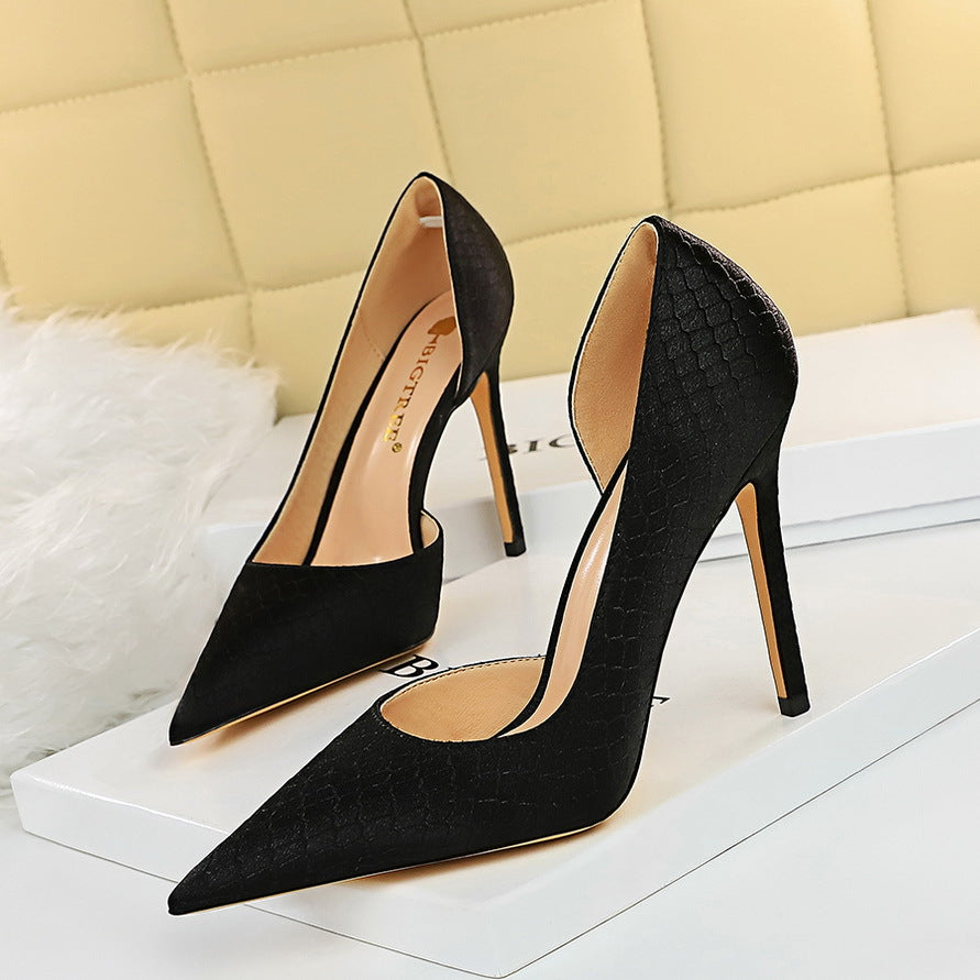 European And American Fashion, Sexy, Thin, Stiletto, High-heeled Snake-print Satin Shoes