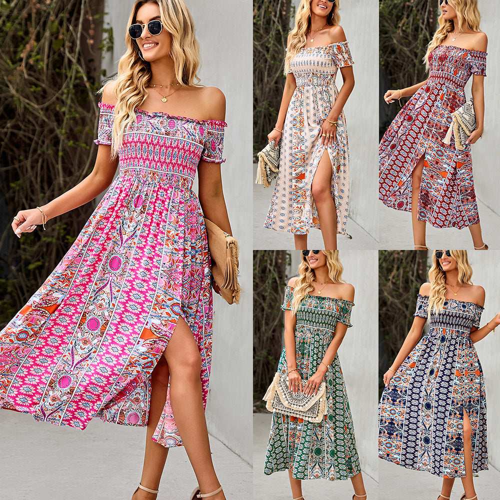 One-shoulder Printed Bohemian Dress