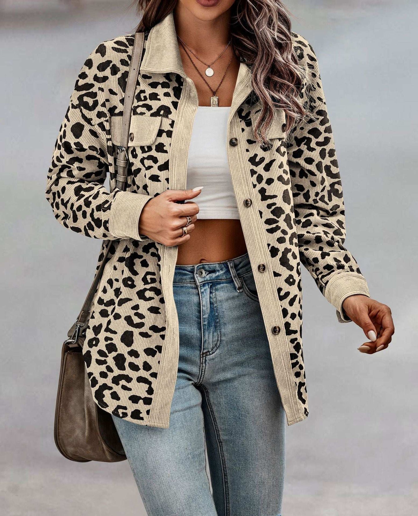 Women's Clothing Autumn And Winter Fashion Leopard Print Button Long-sleeved Jacket