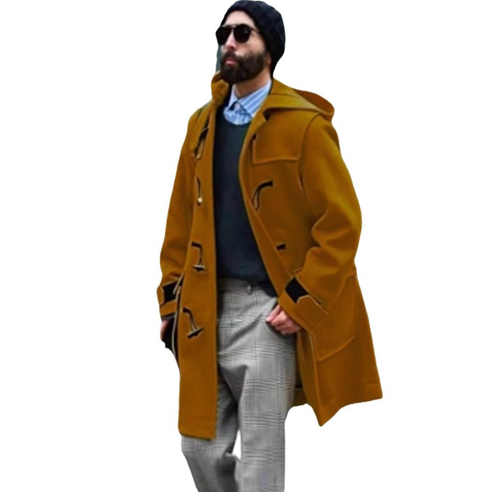 Retro Horn Button Hooded Woolen Trench Coat Men - globaltradeleader