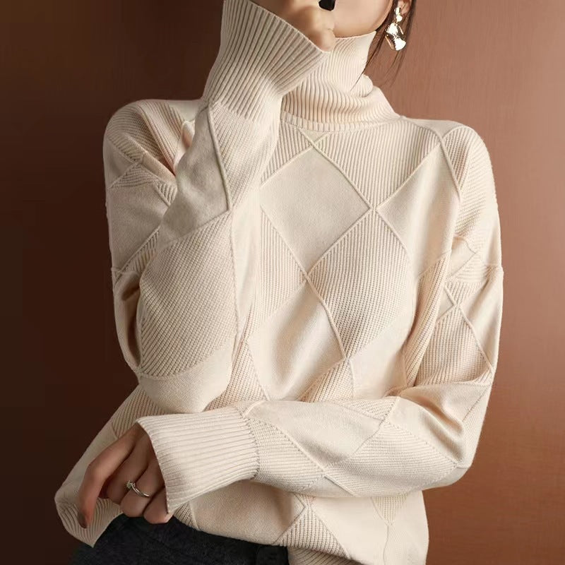 Cashmere Turtleneck Women's Autumn And Winter Thickened Loose Outer Rhombus Knitted Sweater With Inner Base Layer