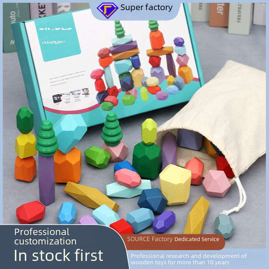 Children's Wooden Nordic Style Colorful Stone Building Blocks Educational Color Cognition Parent-child Interaction Indoor Decoration Toys