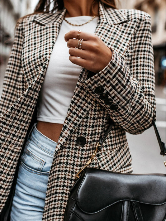 Office Ladies Lapel Vintage Plaid Women Blazer Double Breasted Autumn Jacket 2021 Casual Pockets Female Suits Coat Sudaderas - globaltradeleader