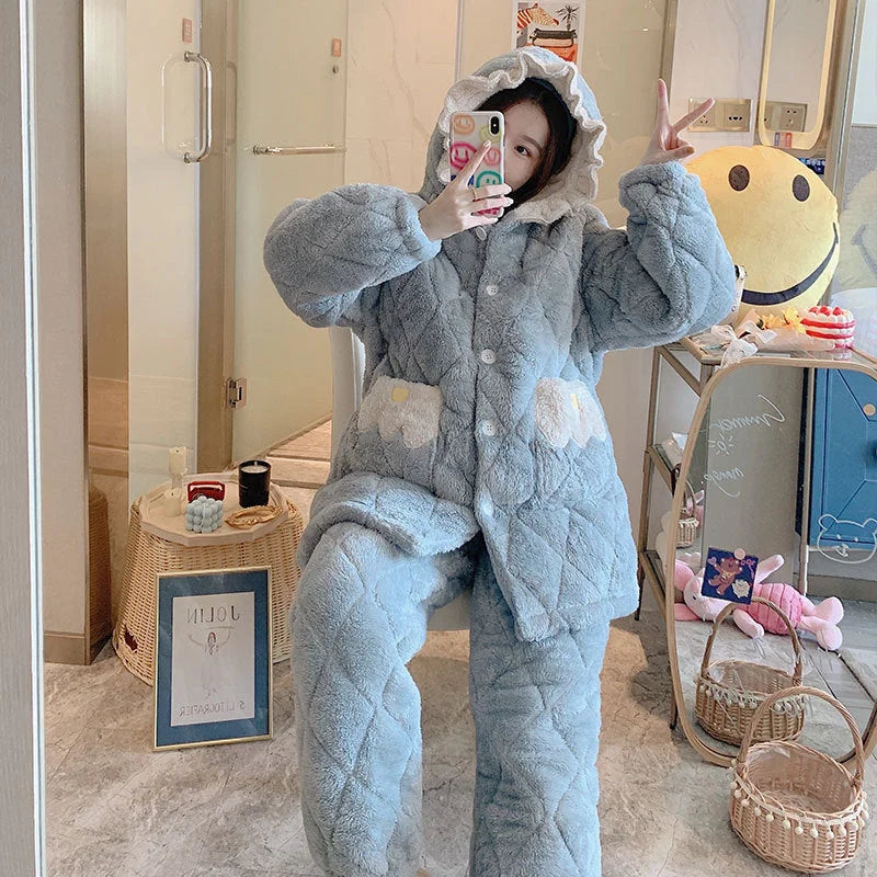 Pajamas Women Plus Cotton Coral Velvet Thick Quilted Cartoon Mid-length Flannel Home Service Suit - globaltradeleader