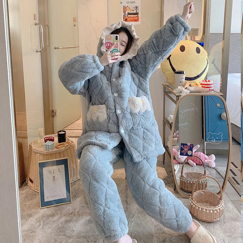 Pajamas Women Plus Cotton Coral Velvet Thick Quilted Cartoon Mid-length Flannel Home Service Suit - globaltradeleader