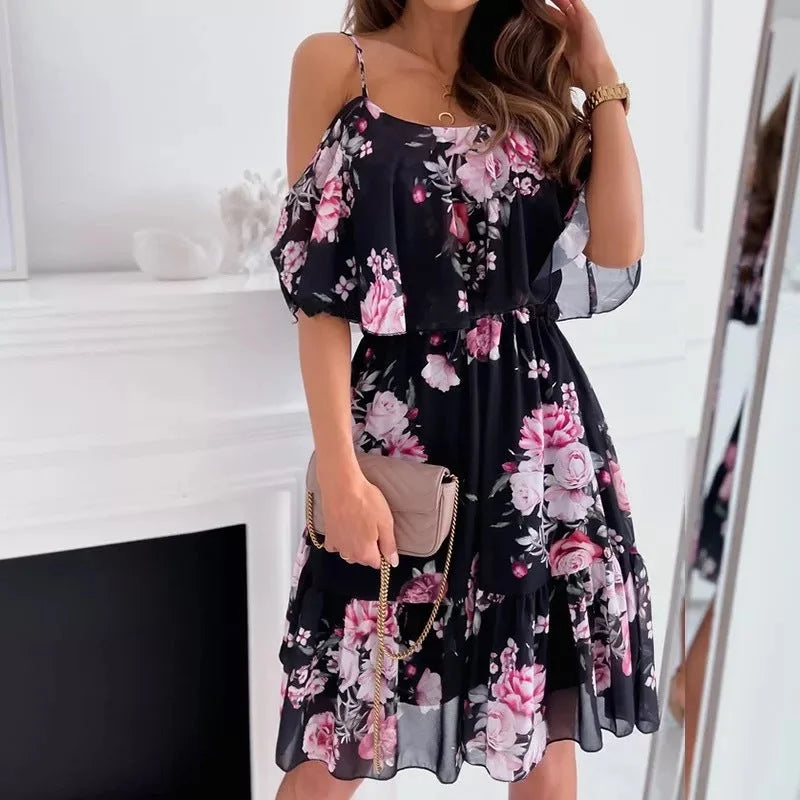 Printed V-neck Stitching Off-the-shoulder Strap Dress - globaltradeleader