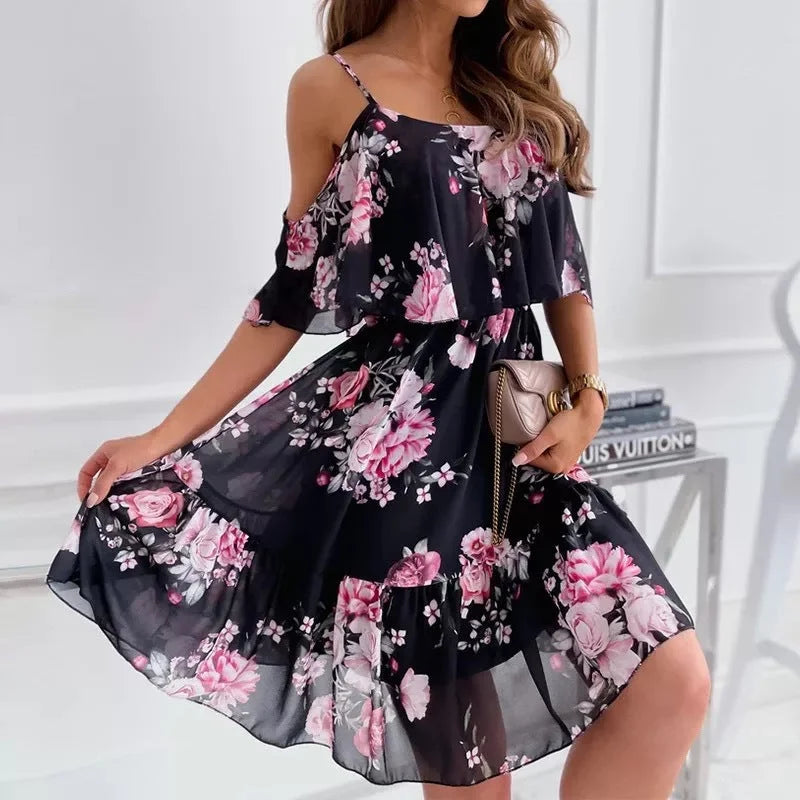 Printed V-neck Stitching Off-the-shoulder Strap Dress - globaltradeleader