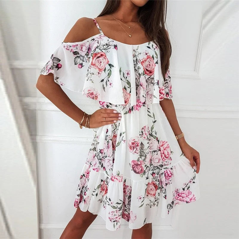 Printed V-neck Stitching Off-the-shoulder Strap Dress - globaltradeleader