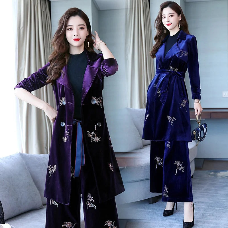 Skinny and elegant Lapel long sleeves fashionable embroidered broad-legged pants in autumn 2021 - globaltradeleader