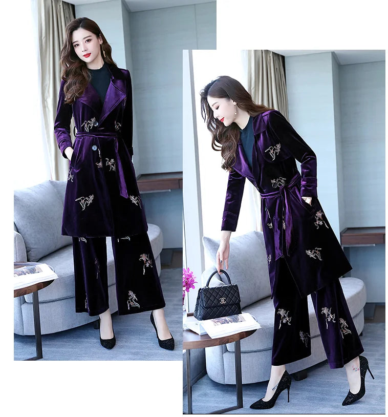 Skinny and elegant Lapel long sleeves fashionable embroidered broad-legged pants in autumn 2021 - globaltradeleader