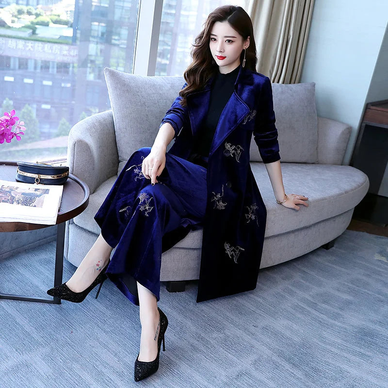 Skinny and elegant Lapel long sleeves fashionable embroidered broad-legged pants in autumn 2021 - globaltradeleader