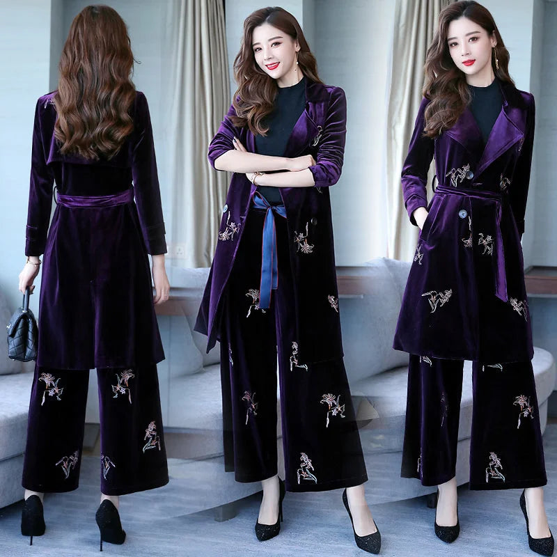 Skinny and elegant Lapel long sleeves fashionable embroidered broad-legged pants in autumn 2021 - globaltradeleader