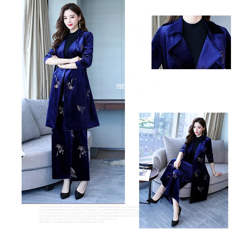 Skinny and elegant Lapel long sleeves fashionable embroidered broad-legged pants in autumn 2021 - globaltradeleader