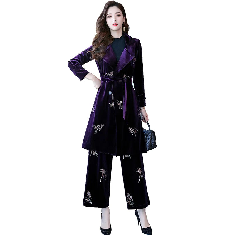 Skinny and elegant Lapel long sleeves fashionable embroidered broad-legged pants in autumn 2021 - globaltradeleader