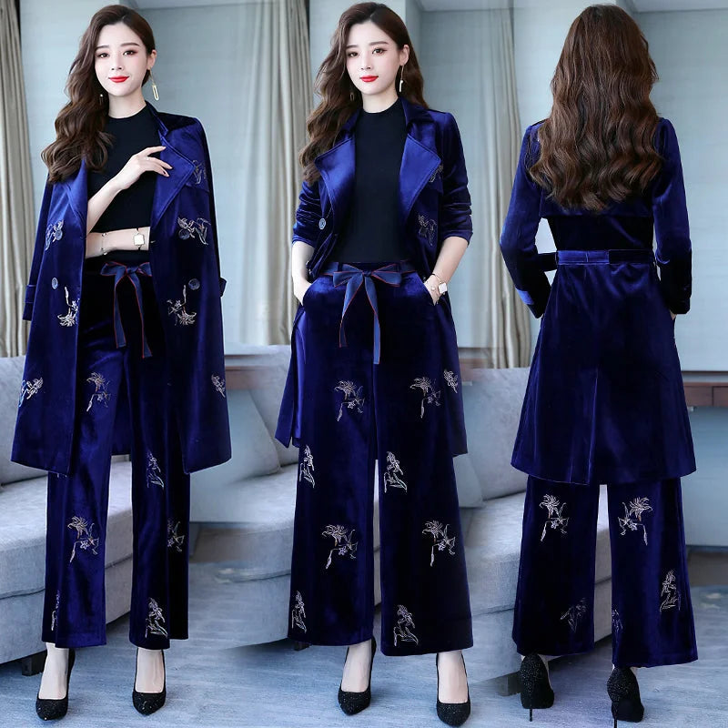 Skinny and elegant Lapel long sleeves fashionable embroidered broad-legged pants in autumn 2021 - globaltradeleader