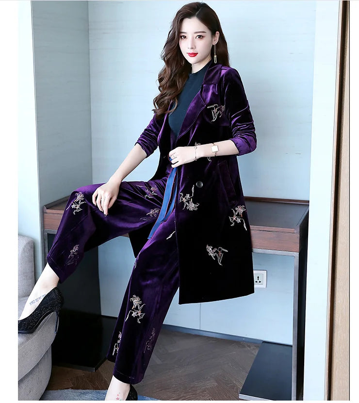 Skinny and elegant Lapel long sleeves fashionable embroidered broad-legged pants in autumn 2021 - globaltradeleader