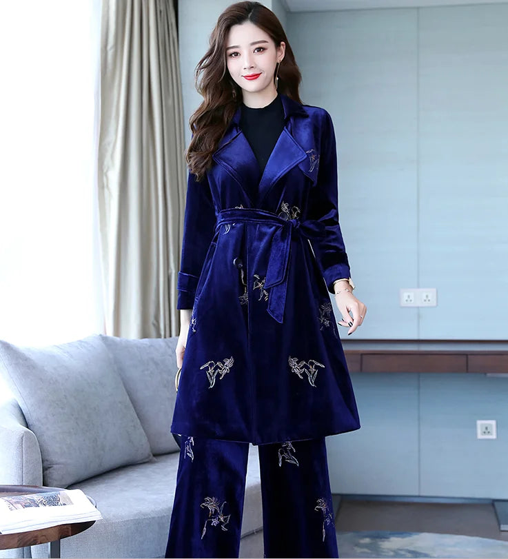 Skinny and elegant Lapel long sleeves fashionable embroidered broad-legged pants in autumn 2021 - globaltradeleader