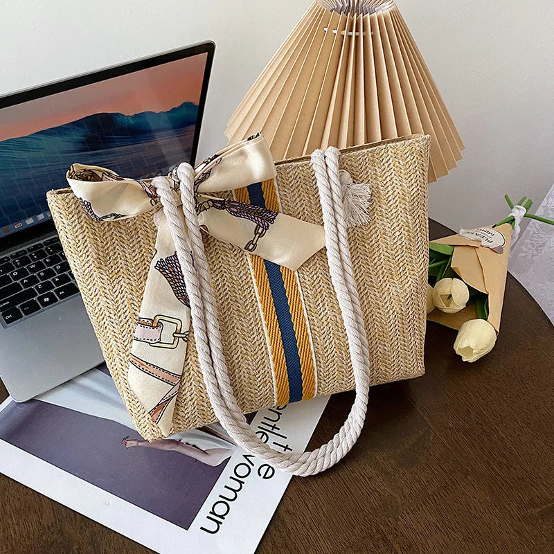 Straw Bag 2022 New Beach Woven Shoulder Bag Japan And South Korea Simple Leisure Bag Holiday Travel Silk Scarf Bag - globaltradeleader